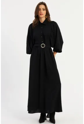 Kadın Siyah Kemerli Maxi Elbise MASF15