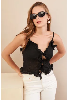 Kadın Siyah Kendinden Desenli Tül Bluz KED7329