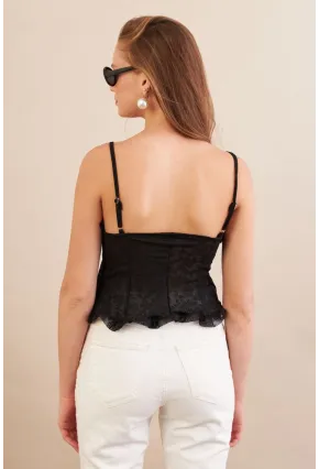 Kadın Siyah Kendinden Desenli Tül Bluz KED7329