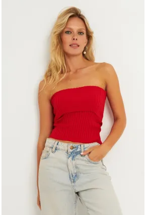 Kadın Siyah-Kırmızı İkili Straplez Triko Bluz YV272