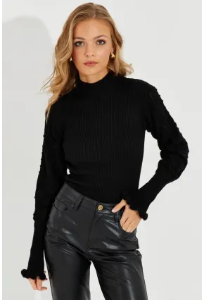 Kadın Siyah Kolları Ajurlu Triko Bluz SMT218