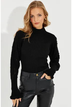 Kadın Siyah Kolları Ajurlu Triko Bluz SMT218