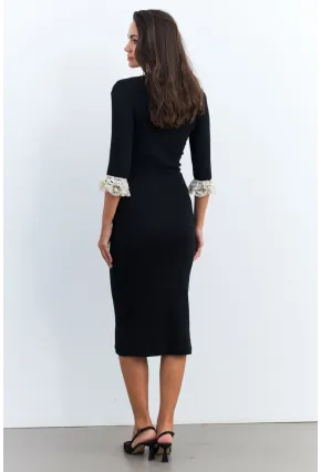Kadın Siyah Kolları Dantel Detaylı Kaşkorse Midi Elbise EY2955