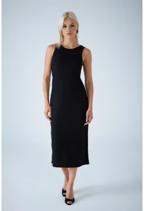 Kadın Siyah Kolsuz Yırtmaçlı Midi Elbise AYD418