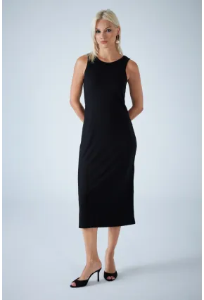 Kadın Siyah Kolsuz Yırtmaçlı Midi Elbise AYD418