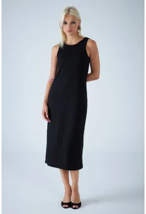 Kadın Siyah Kolsuz Yırtmaçlı Midi Elbise AYD418