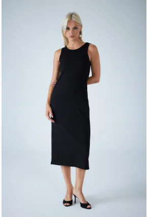 Kadın Siyah Kolsuz Yırtmaçlı Midi Elbise AYD418