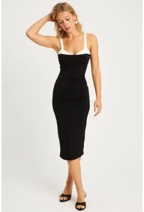 Kadın Siyah Kontrast Midi Elbise MEN2058