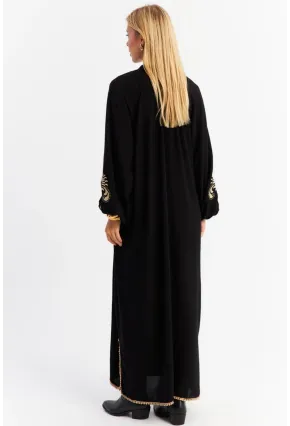 Kadın Siyah Kordon Detaylı Nakışlı Maxi Elbise MALO4