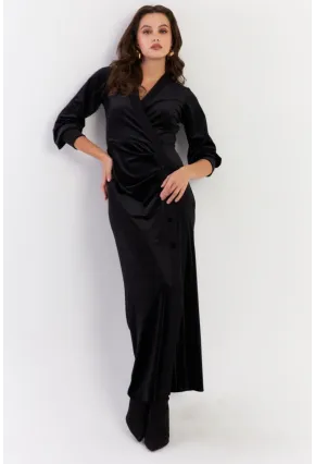Kadın Siyah Kruvaze Büzgülü Kadife Maxi Elbise ALO1007-9