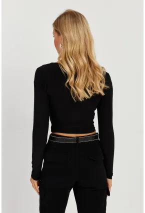 Kadın Siyah Kruvaze Crop Bluz LPP1252