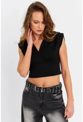 Kadın Siyah Kruvaze Crop Bluz SDY1234