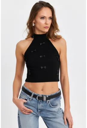 Kadın Siyah Kurdele Detaylı Halter Yaka Bluz MTK13231
