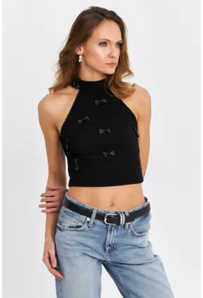 Kadın Siyah Kurdele Detaylı Halter Yaka Bluz MTK13231