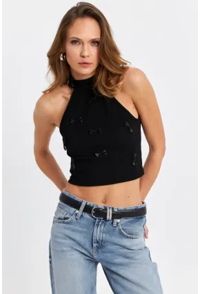 Kadın Siyah Kurdele Detaylı Halter Yaka Bluz MTK13231