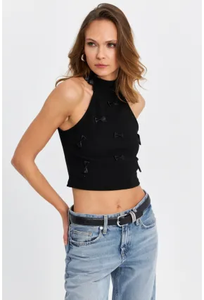 Kadın Siyah Kurdele Detaylı Halter Yaka Bluz MTK13231