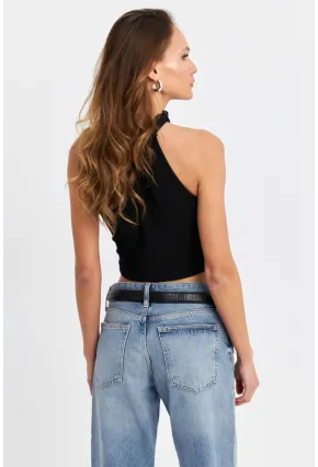 Kadın Siyah Kurdele Detaylı Halter Yaka Bluz MTK13231