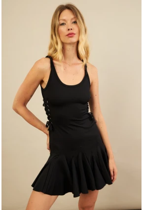 Kadın Siyah Kuş Gözlü Fırfırlı Midi Elbise YEL221710