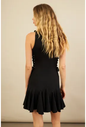 Kadın Siyah Kuş Gözlü Fırfırlı Midi Elbise YEL221710