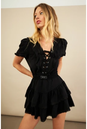 Kadın Siyah Kuş Gözlü Fırfırlı Mini Elbise YEL221525