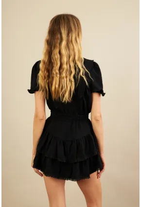Kadın Siyah Kuş Gözlü Fırfırlı Mini Elbise YEL221525