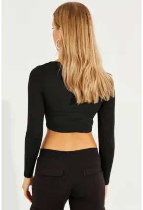 Kadın Siyah Kuşgözlü Crop Bluz CG299
