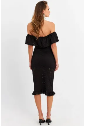 Kadın Siyah Madonna Yaka Astarlı Midi Elbise LİT105-90