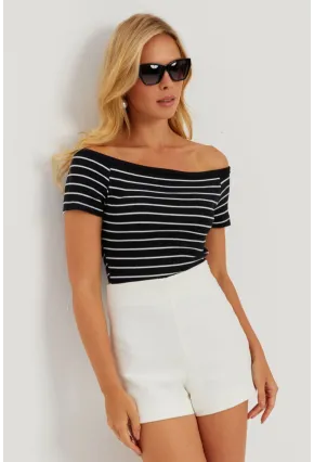 Kadın Siyah Madonna Yaka Çizgili Kaşkorse Bluz AYD311