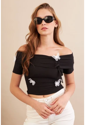 Kadın Siyah Madonna Yaka Kelebek Detaylı Bluz FLU7268