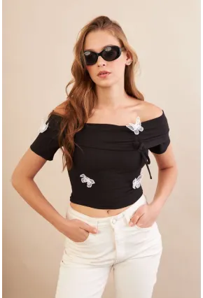 Kadın Siyah Madonna Yaka Kelebek Detaylı Bluz FLU7268