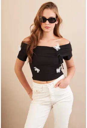 Kadın Siyah Madonna Yaka Kelebek Detaylı Bluz FLU7268
