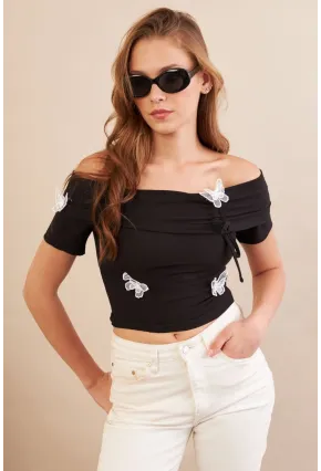 Kadın Siyah Madonna Yaka Kelebek Detaylı Bluz FLU7268