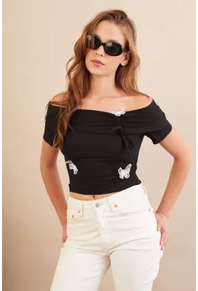 Kadın Siyah Madonna Yaka Kelebek Detaylı Bluz FLU7268