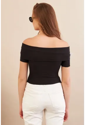 Kadın Siyah Madonna Yaka Kelebek Detaylı Bluz FLU7268