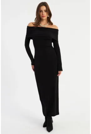 Kadın Siyah Madonna Yaka Maxi Elbise LİK10