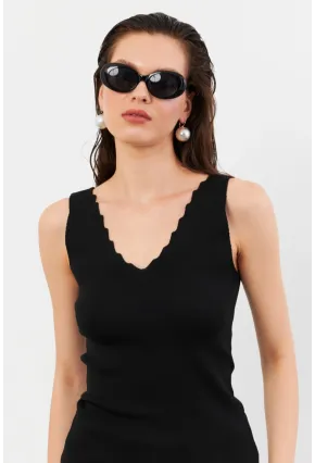 Kadın Siyah Merdiven Yaka Triko Bluz YV83