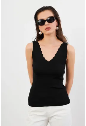 Kadın Siyah Merdiven Yaka Triko Bluz YV83