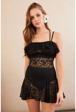 Kadın Siyah Mini Dantel Plaj Elbisesi DCF066