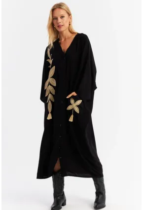 Kadın Siyah Nakışlı Cepli Maxi Elbise MALO13