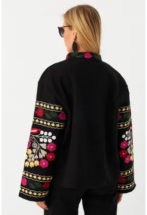 Kadın Siyah Nakışlı Kaşe Ceket MQS5880