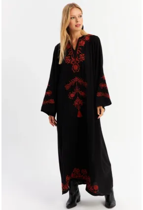 Kadın Siyah Nakışlı Maxi Elbise ALO14