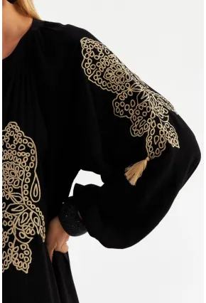 Kadın Siyah Nakışlı Volanlı Maxi Elbise MALO7