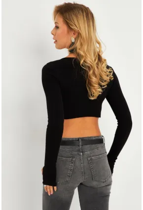 Kadın Siyah Omuzları Pencereli Kaşkorse Crop Bluz B5024