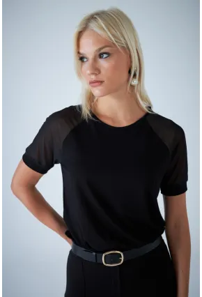 Kadın Siyah Omuzları Tül Bluz EY3137