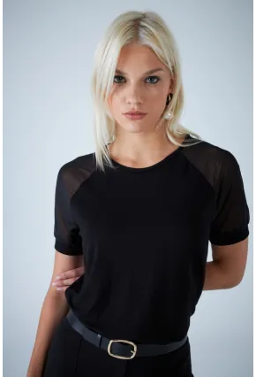 Kadın Siyah Omuzları Tül Bluz EY3137