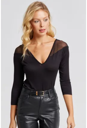 Kadın Siyah Ön Arka V Tül Detaylı Bluz Yİ2502