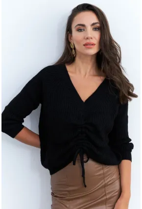 Kadın Siyah Önü Arka V Önü Büzgülü Kazak KAZ29