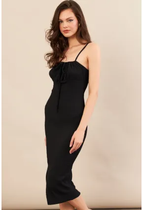 Kadın Siyah Önü Bağlamalı Rustik Midi Elbise FRO2001