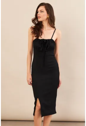 Kadın Siyah Önü Bağlamalı Rustik Midi Elbise FRO2001