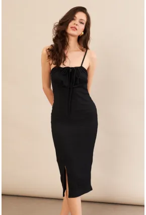 Kadın Siyah Önü Bağlamalı Rustik Midi Elbise FRO2001